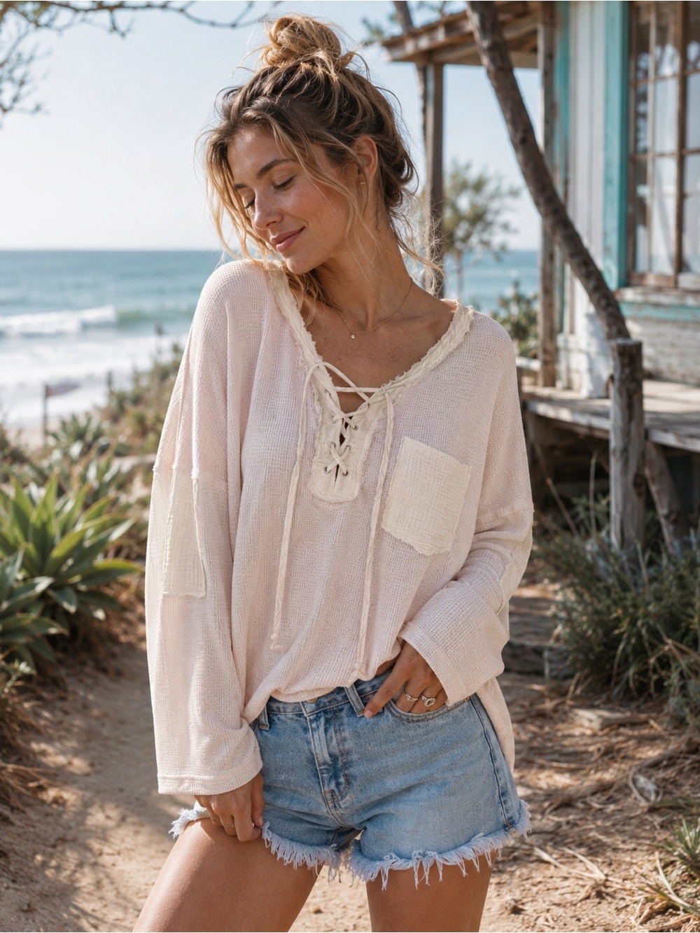 POL Boho Lace Up Thermal Top Cream Pink Small